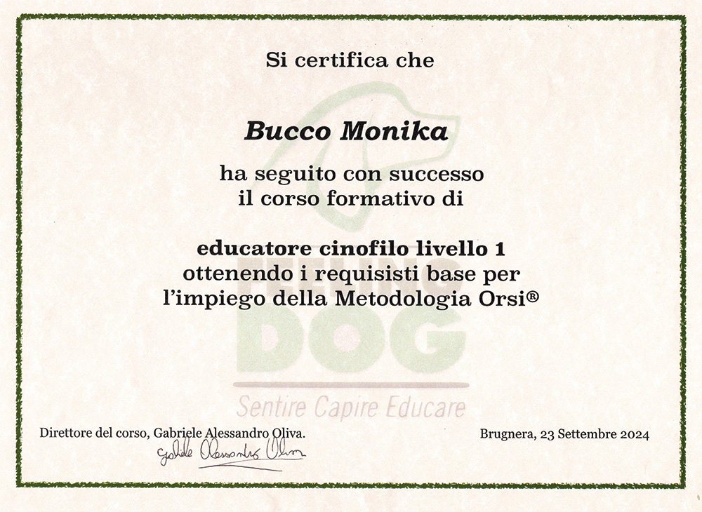 Diploma metodologia Orsi® di Addestratore Cinofilo – Bucco Monika
